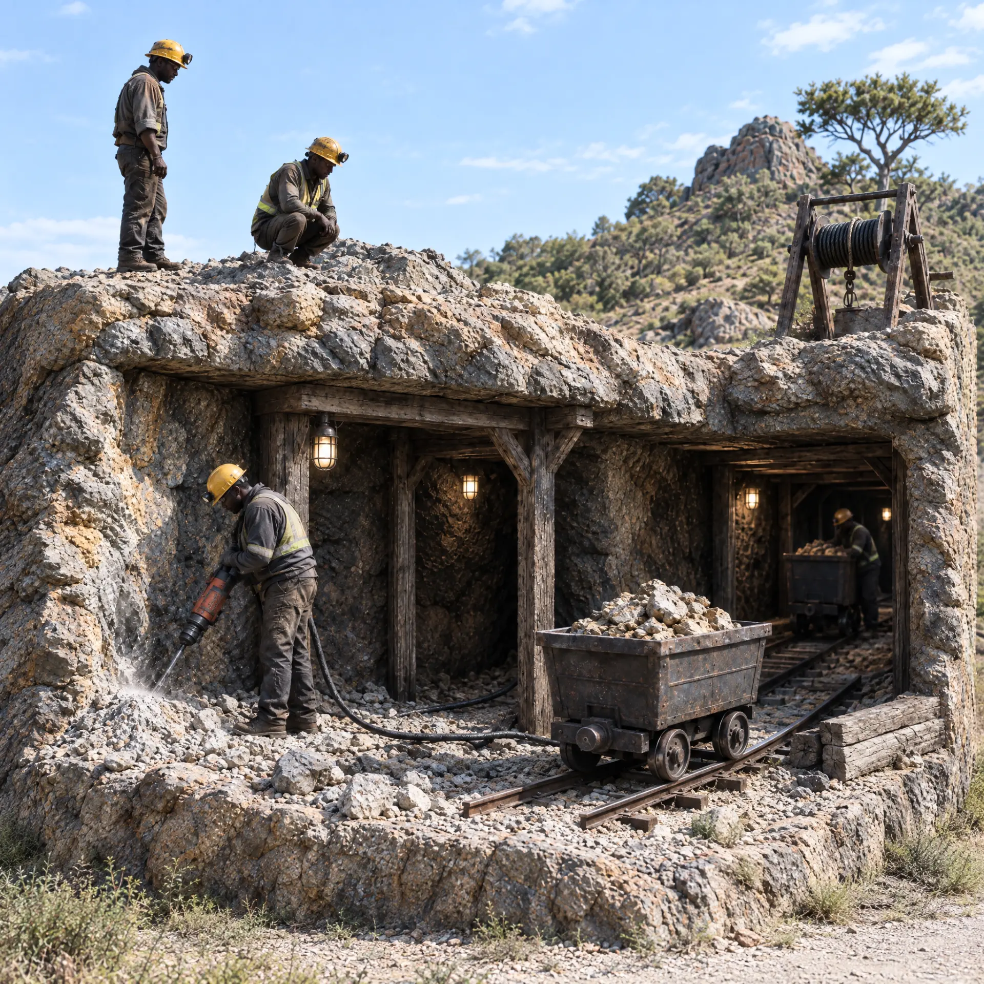 Small-scale miners drilling at a timbered gold mine, with a manual hand winch and ore cart